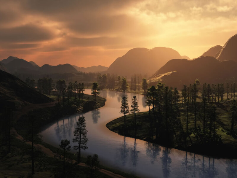 River Winding Through Valley — Orange