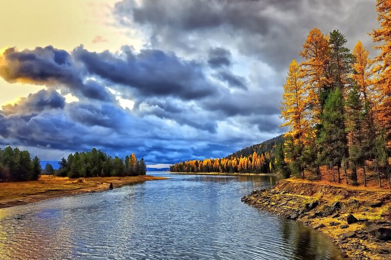 River with Autumn Trees — Blue, Dramatic, Photograph, Clouds