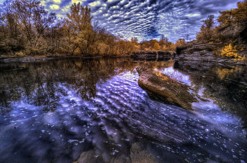 River with Autumn Trees — Blue, Dramatic, Photograph, Rocks