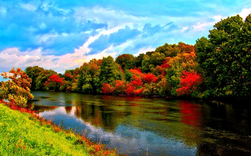 River with Autumn Trees — Blue, Dramatic, Photograph