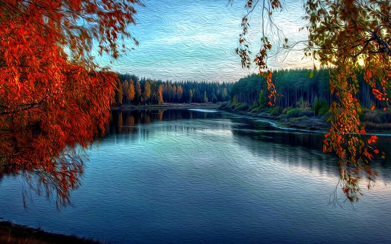 River with Autumn Trees — Blue, Serene, Digital Art