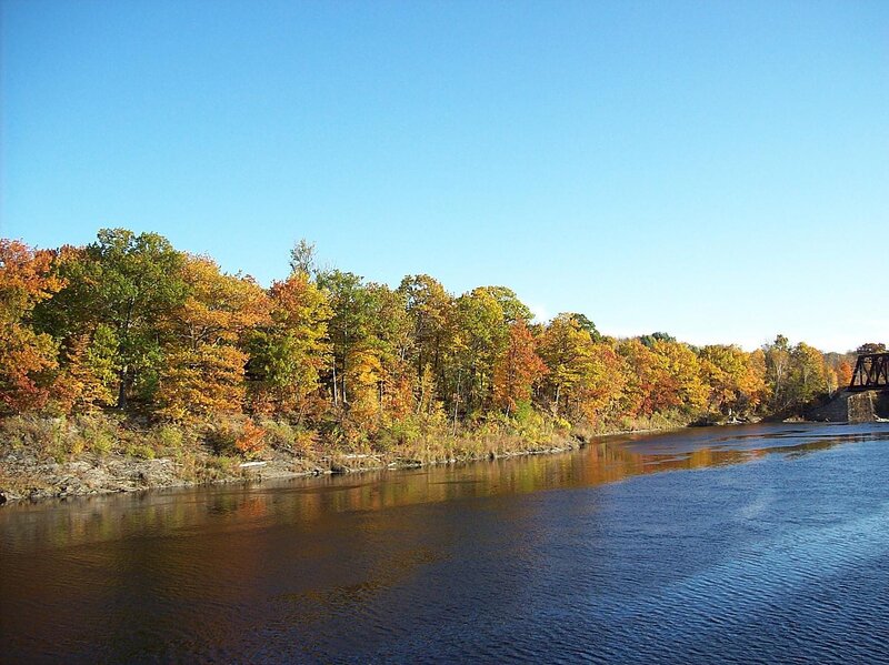 River with Autumn Trees — Blue, Serene, Photograph, Bridge