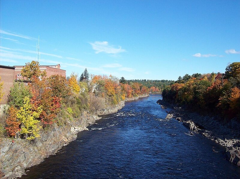 River with Autumn Trees — Blue, Serene, Photograph, Building