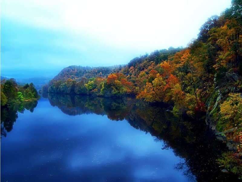 River with Autumn Trees — Blue, Serene, Photograph, Hills