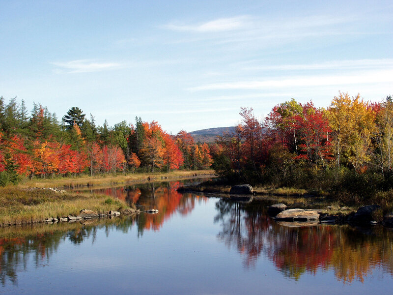 River with Autumn Trees — Blue, Serene, Photograph, Mountain