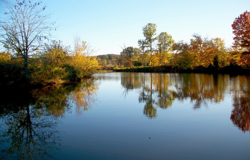 River with Autumn Trees — Blue, Serene, Photograph, Reflection