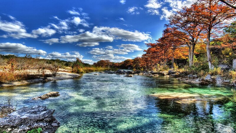 River with Autumn Trees — Blue, Serene, Photograph, Rocks, Sky