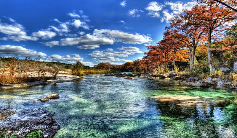 River with Autumn Trees — Blue, Serene, Photograph, Rocks