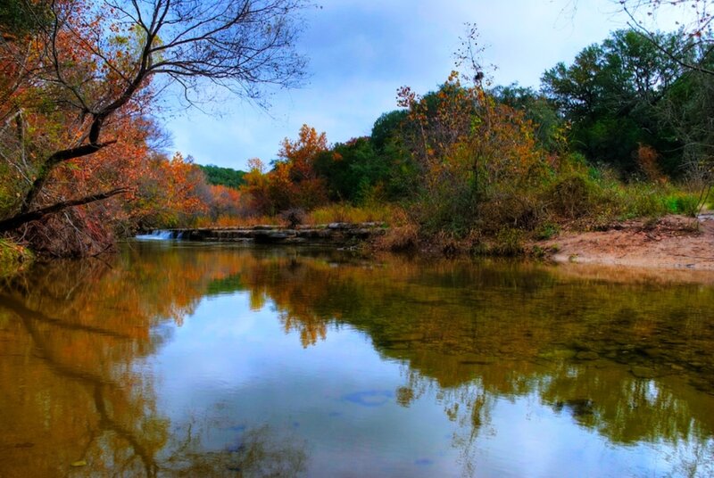 River with Autumn Trees — Blue, Serene, Photograph, Sky, Fall Foliage