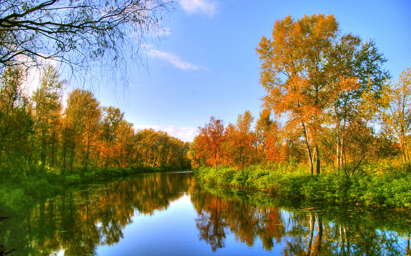 River with Autumn Trees — Blue, Serene, Photograph, Sky, Reflection