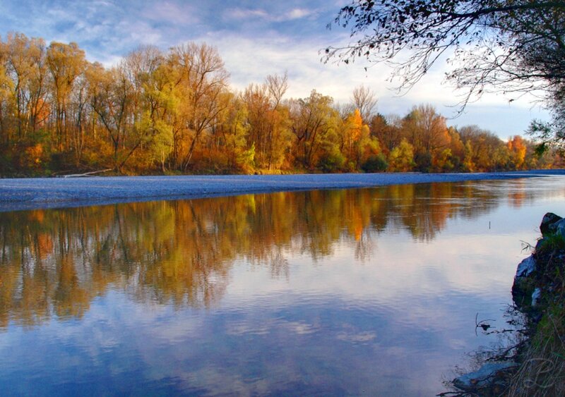 River with Autumn Trees — Blue, Serene, Photograph, Sky, Rocks
