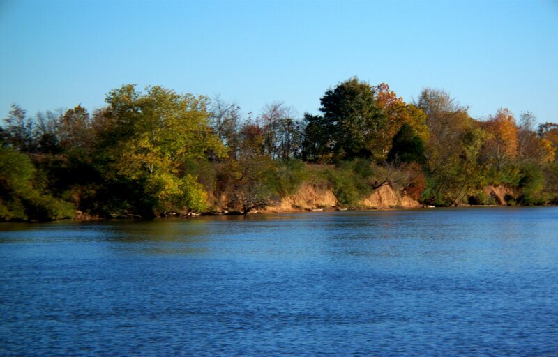 River with Autumn Trees — Blue, Serene, Photograph, Sky