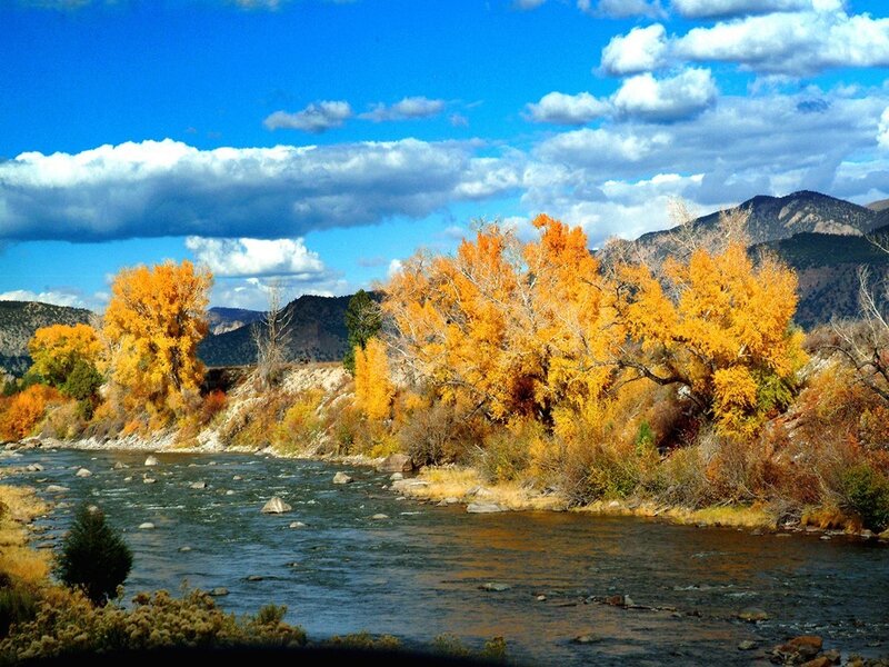 River with Autumn Trees — Blue, Serene, Photograph