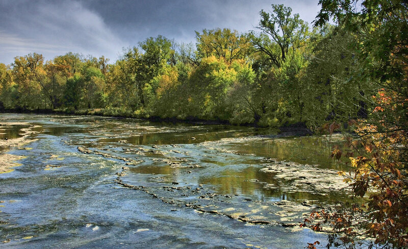 River with Autumn Trees — Green, Dramatic