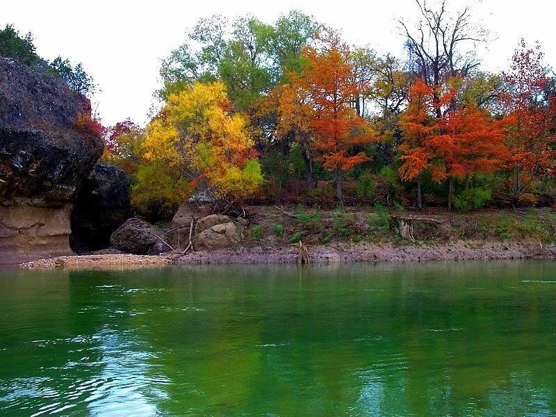 River with Autumn Trees — Green, Serene, Photograph, Rocks