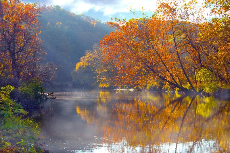 River with Autumn Trees — Orange, Serene, Photograph, Mist