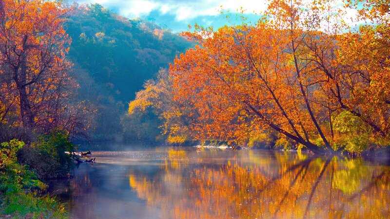 River with Autumn Trees — Orange, Serene, Photograph, Mountain, Mist