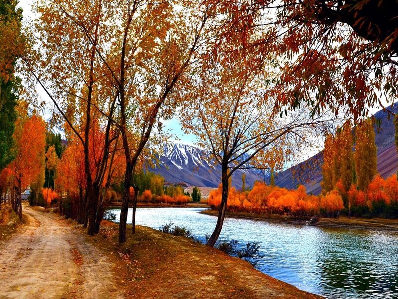 River with Autumn Trees — Orange, Serene, Photograph, Mountains