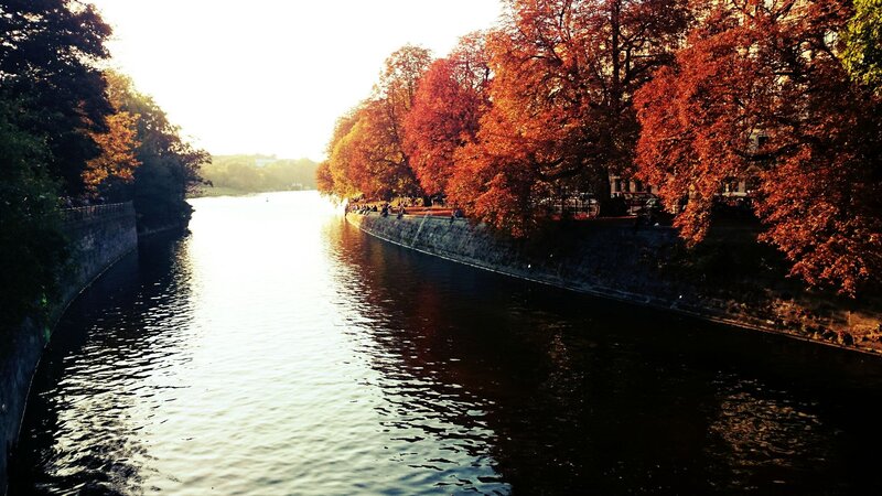 River with Autumn Trees — Orange, Serene, Photograph, Walkway