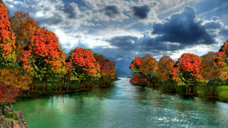 River with Autumn Trees — Red, Dramatic