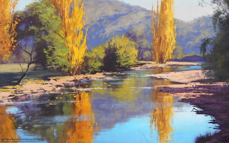 River with Autumn Trees — Yellow, Serene, Painting