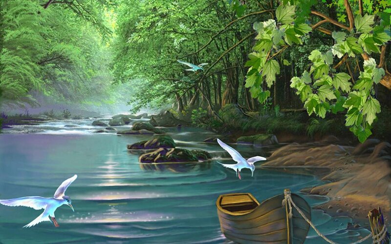River with Birds and Boat