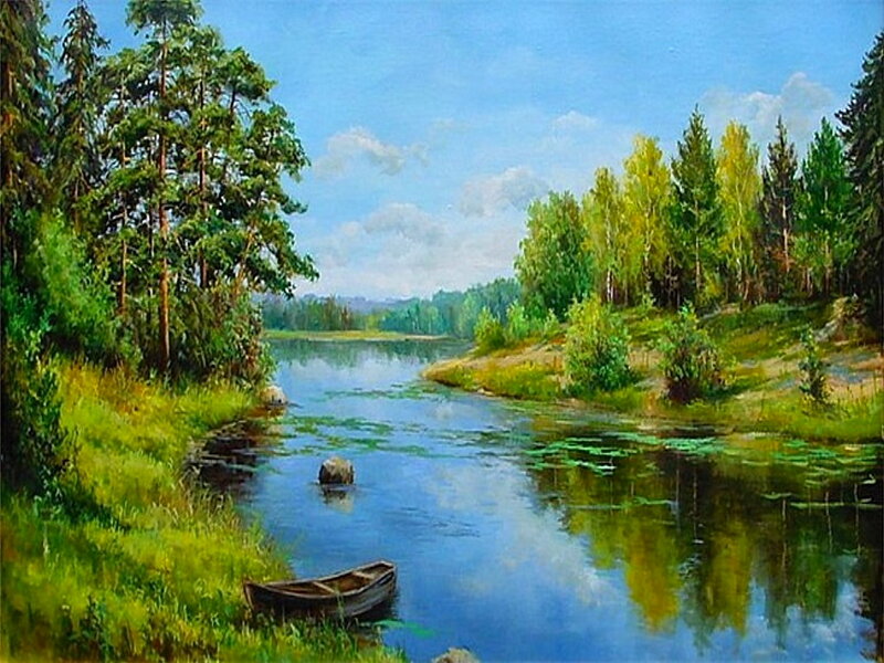 River with Boat and Trees — Blue