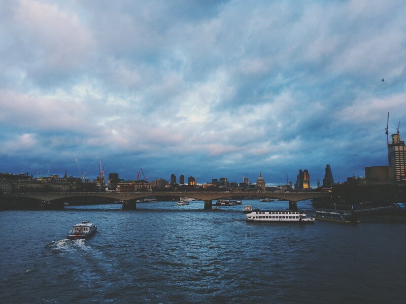 River with Boats and Bridge — Blue, Overcast