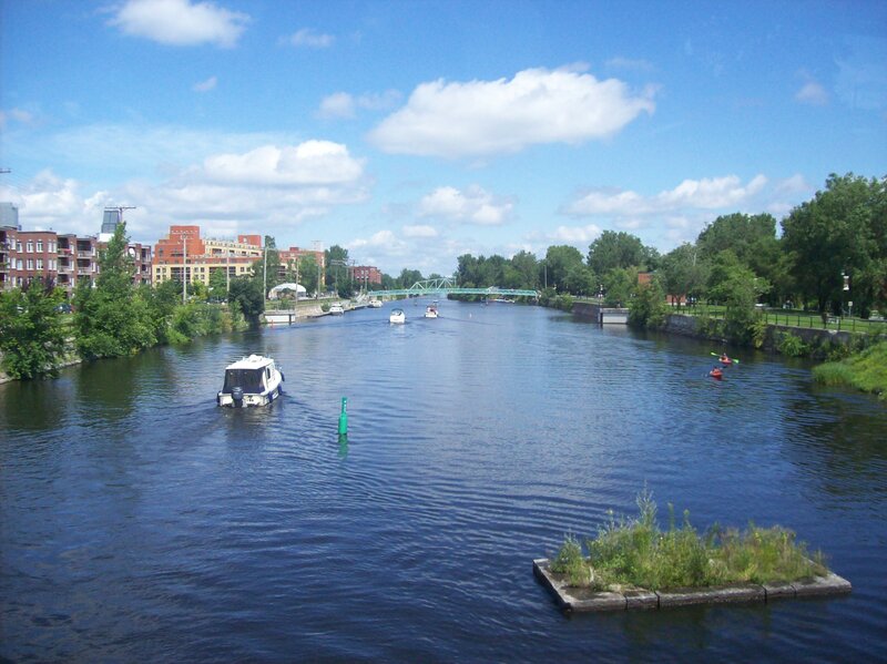River with Boats and Bridge — Blue