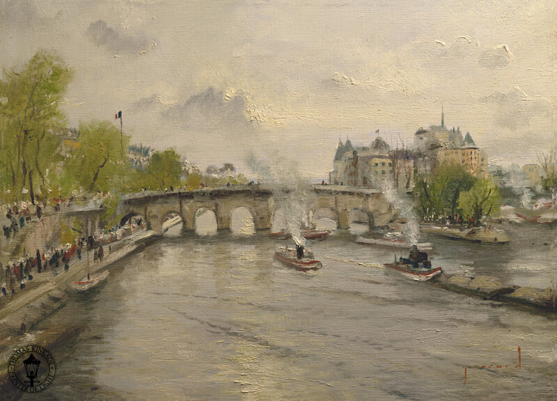 River with Boats and Bridge — Gray, Calm