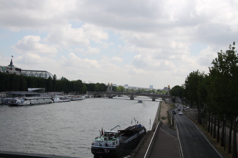 River with Boats and Bridge — Gray, Overcast