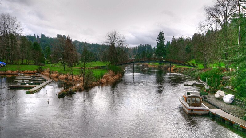 River with Boats and Bridge — Green, Serene