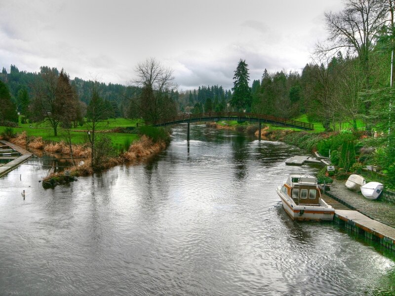 River with Boats and Bridge — Green