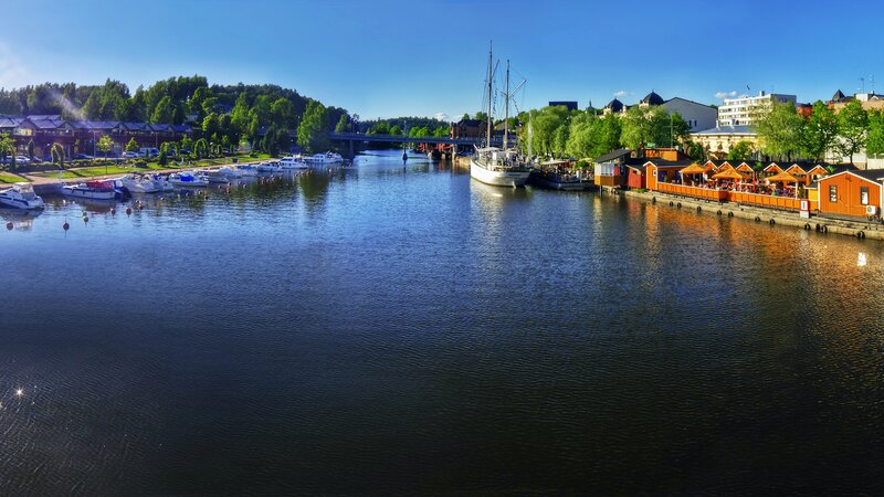 River with Boats and Buildings — Blue, Serene