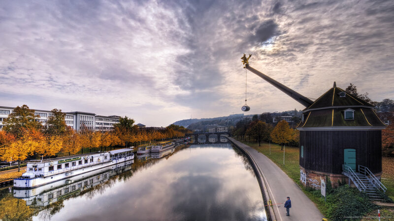 River with Boats and Crane