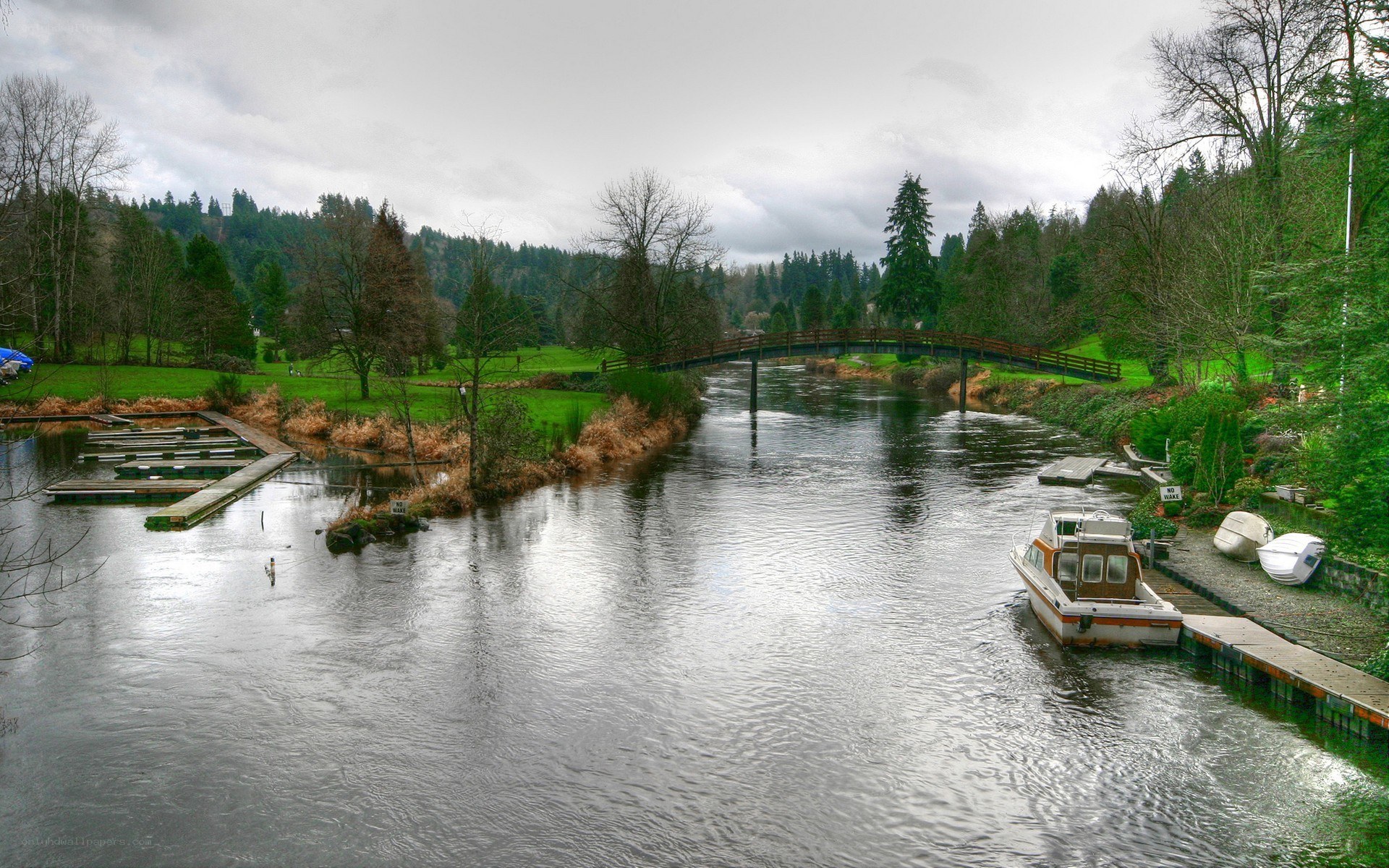 River with bridge and boats