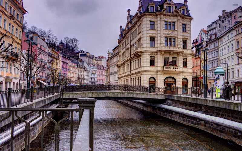 River with Bridge and Buildings — Gray, Overcast