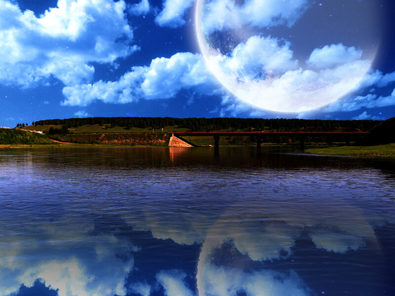 River with Bridge and Moon