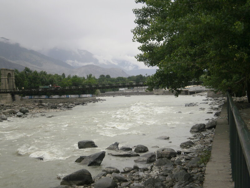 River with bridge and mountains