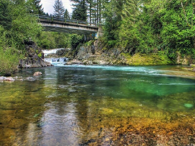 River with bridge and waterfall