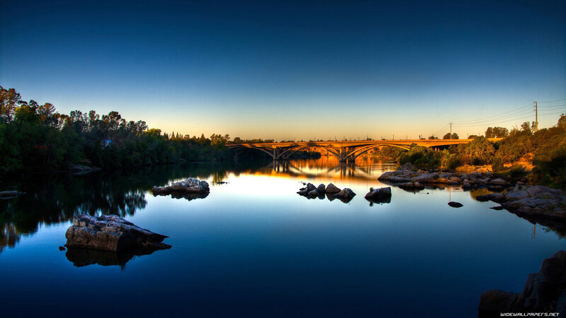 River with Bridge at Dusk — Blue