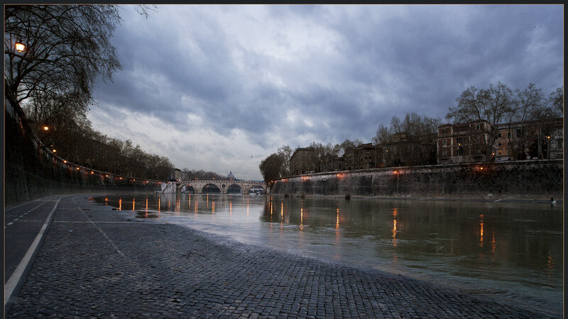 River with Bridge at Dusk — Gray