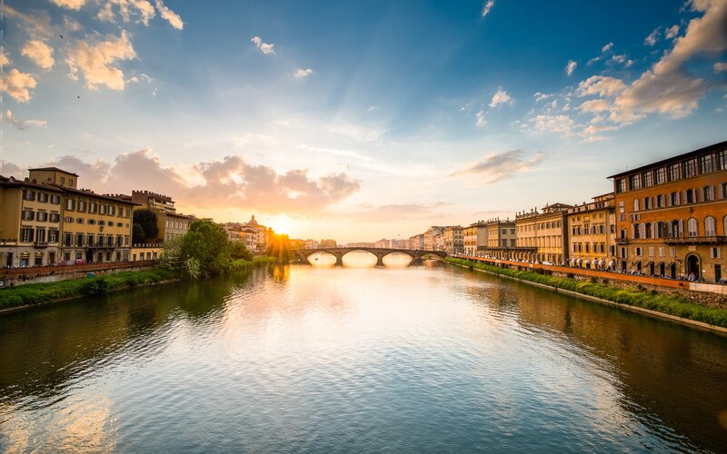 River with Bridge at Sunset — Blue