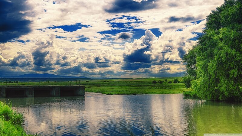 River with Bridge — Green, Dramatic, Afternoon