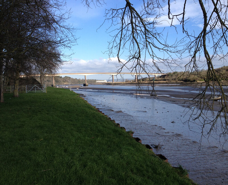River with Bridge — Green, Serene, Autumn, Photograph