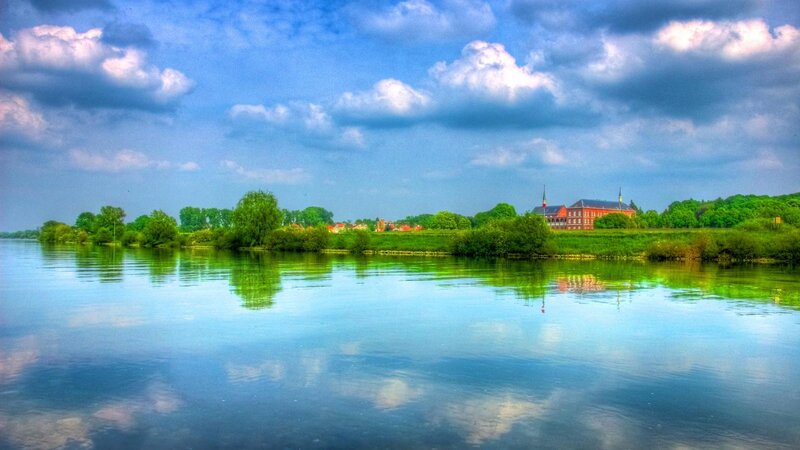 River with Buildings — Blue