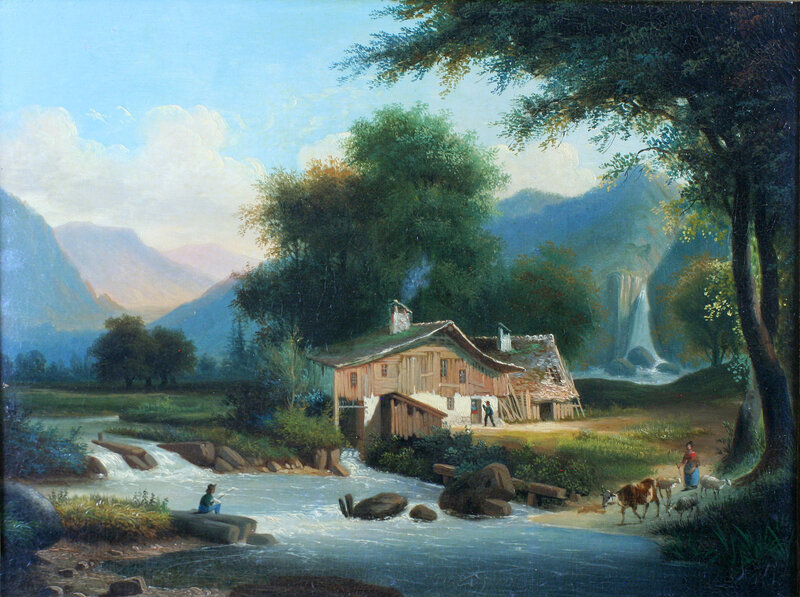 River with Cabin and Waterfall