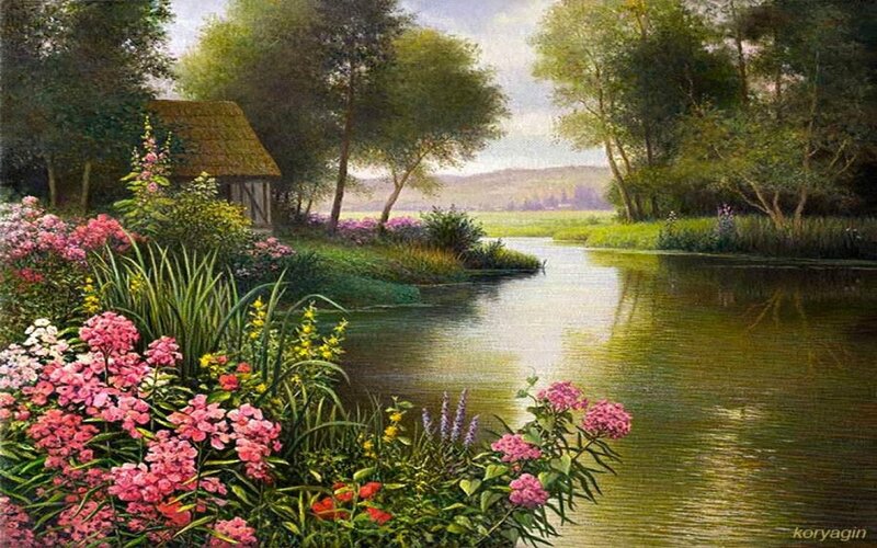 River with Cottage and Flowers