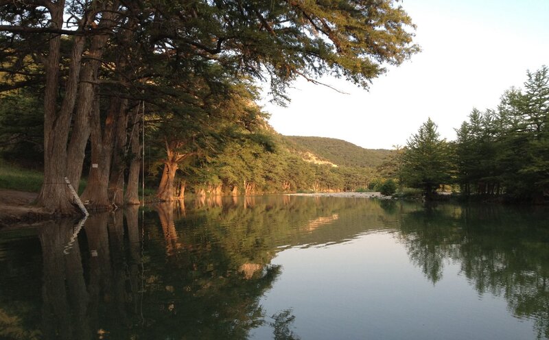 River with Cypress Trees — Green, Serene, Sunset
