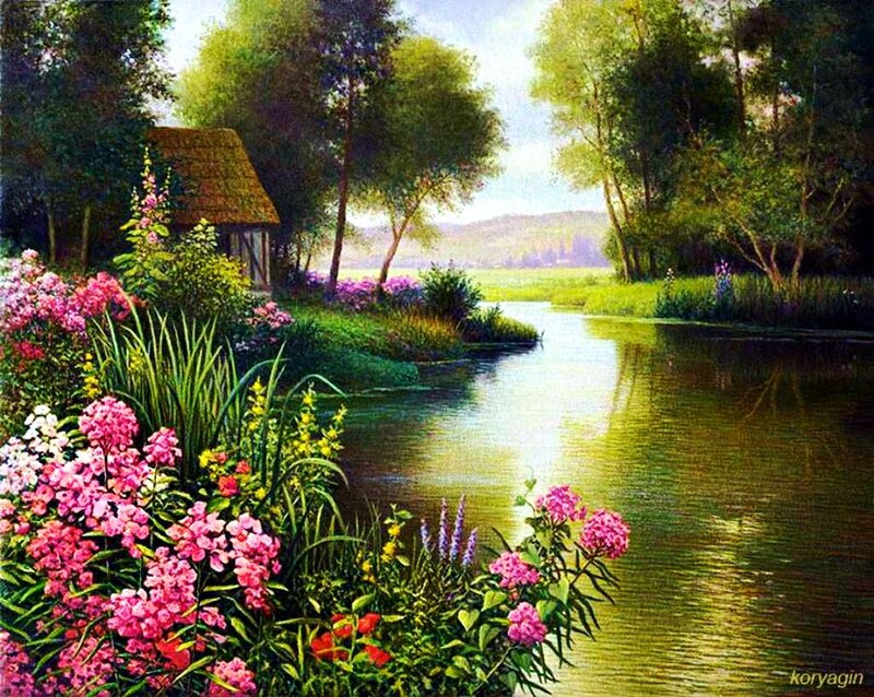 River with Flowers and Cottage — Green